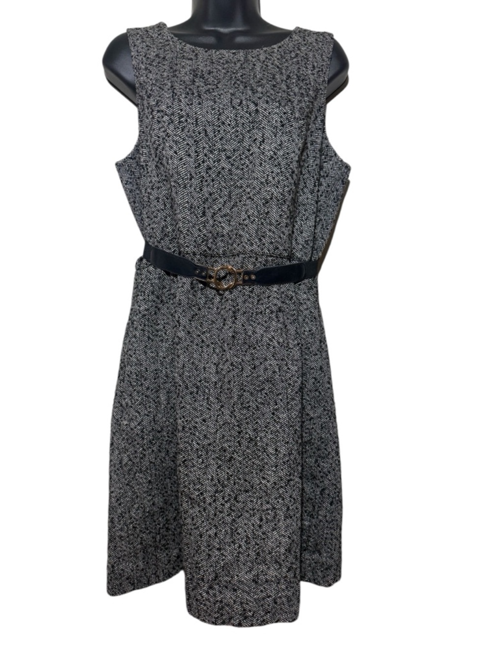 J. Crew Black & White Herringbone Sleeveless Shift Dress with Belt
